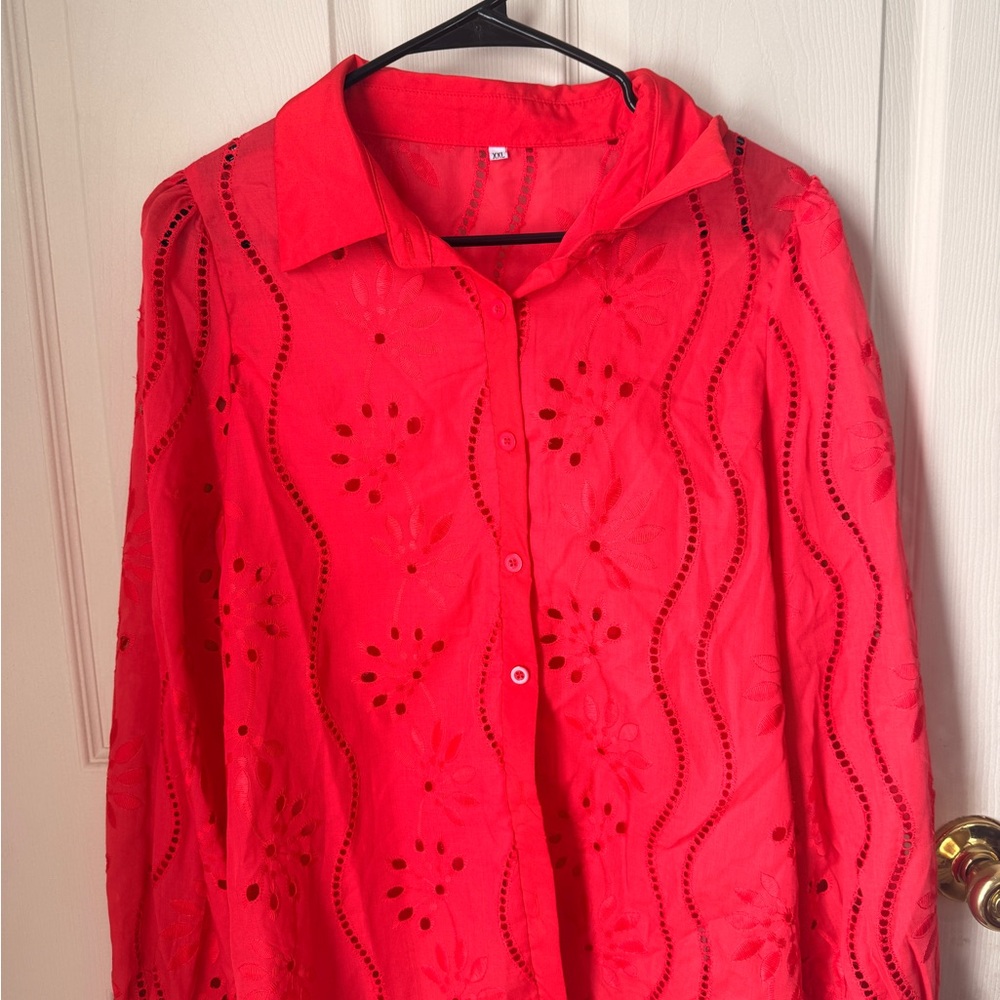 SHEIN Vibrant Red Embroidered Long Sleeve Top